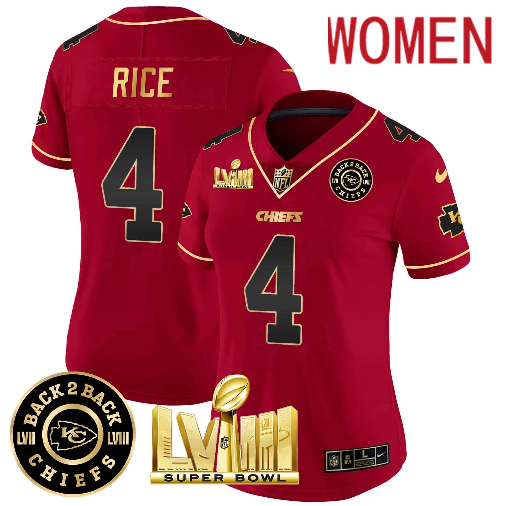 Women Kansas City Chiefs 4 Rice Red 2024 Nike Super Bowl LVIII & Back 2 Back Patch Vapor NFL Jersey style 2